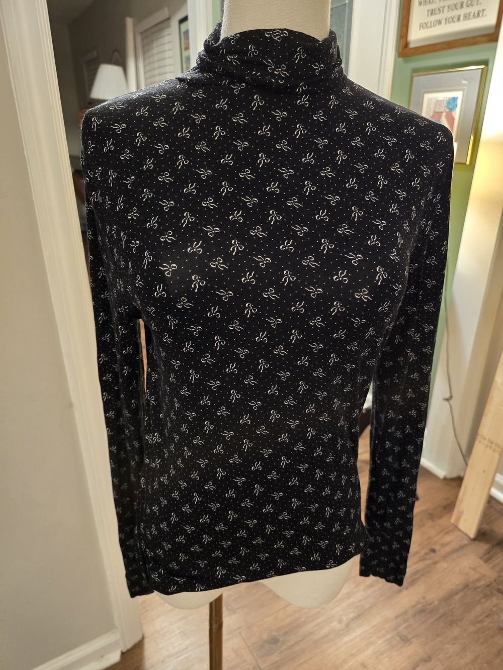 LOFT Black Long Sleeve Turtleneck Top with White Dot And Bow Micro Print